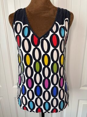 Trina Turk Sleeveless V-Neck Multicolor Geo Print Silk Tank Top, Size P